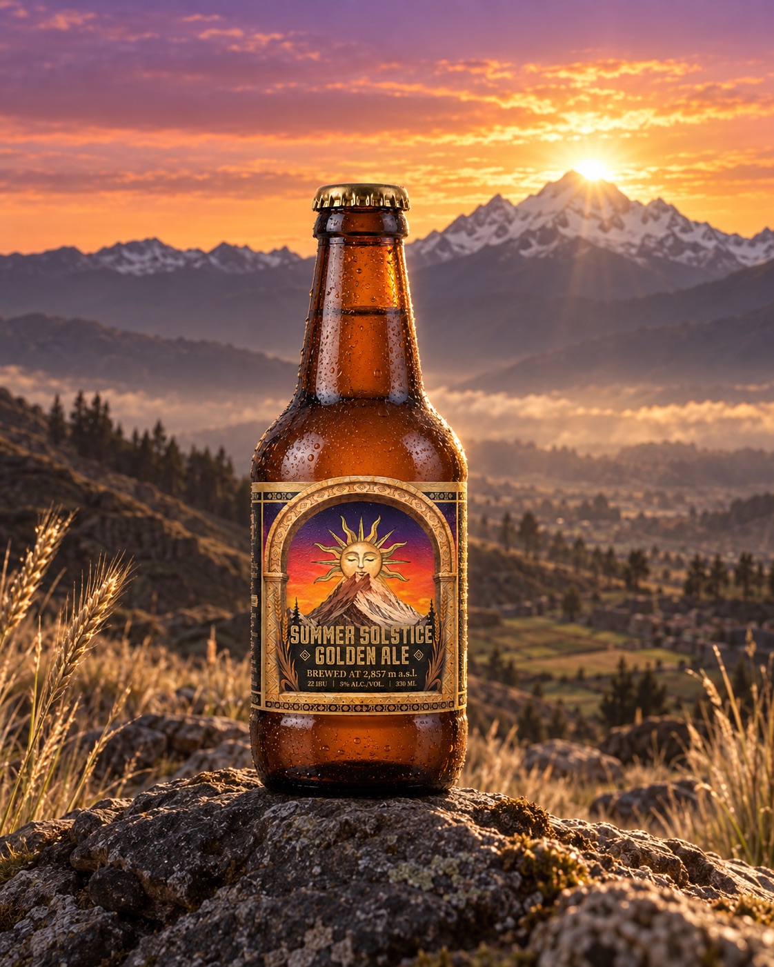 Summer Solstice Golden Ale frente a un paisaje de montañas al atardecer.