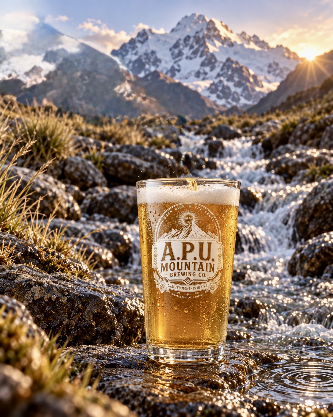 Vaso A.P.U. con cerveza dorada junto a un arroyo, montañas y primera luz del sol.