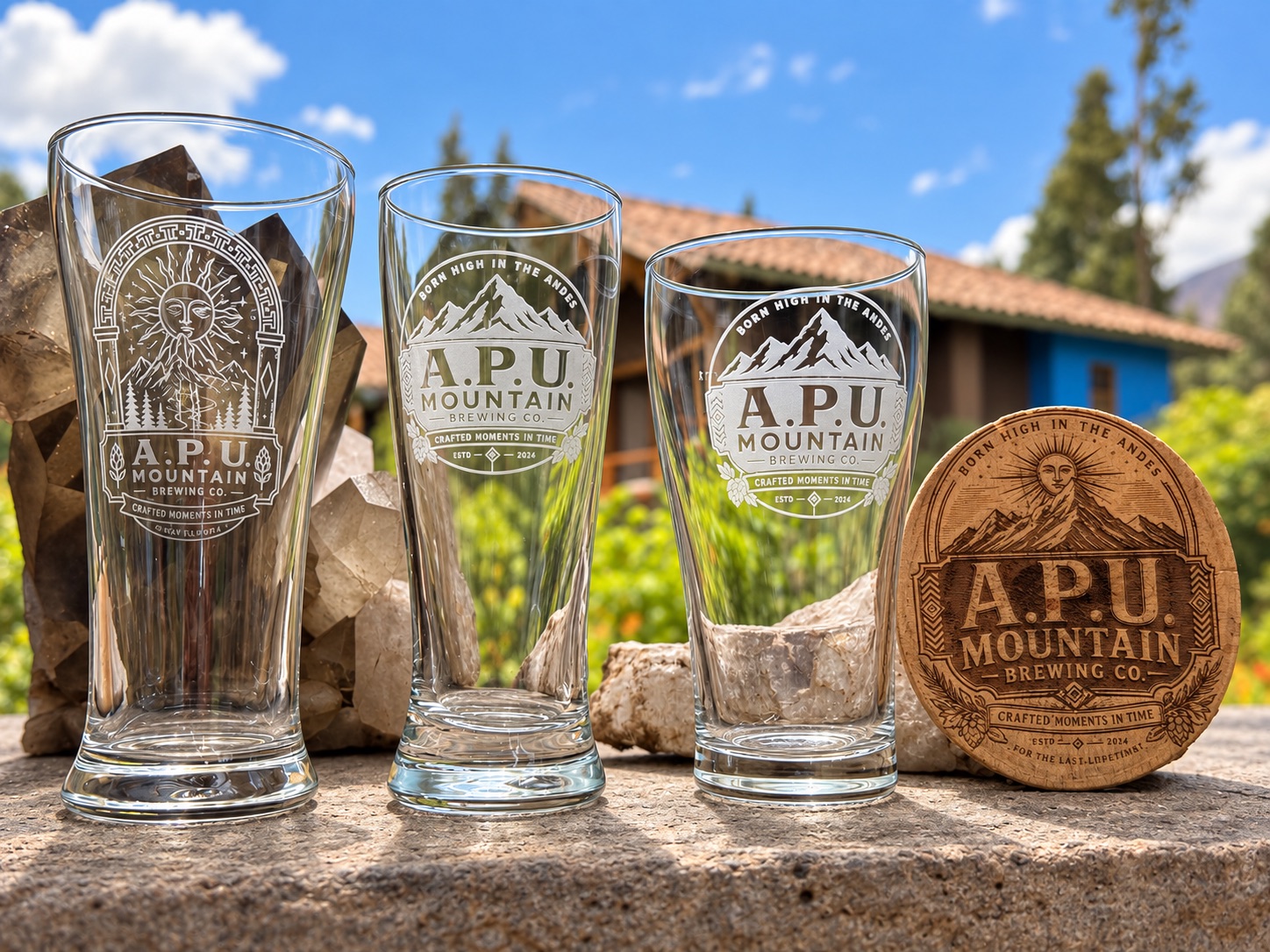 Vasos grabados y posavasos de madera A.P.U. sobre piedra, con el Valle Sagrado de fondo.