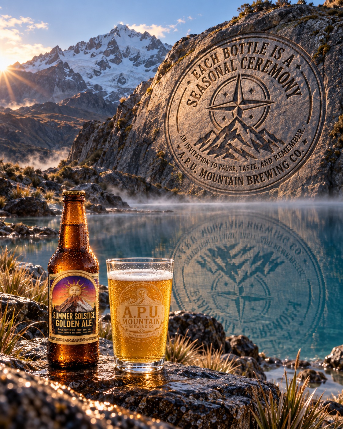 Botella y vaso A.P.U. ante un paisaje del Valle Sagrado.