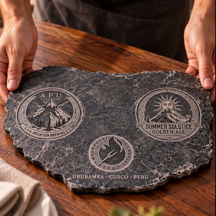 Manos presentando la bandeja de piedra grabada con los emblemas de A.P.U., Summer Solstice y el establecimiento.