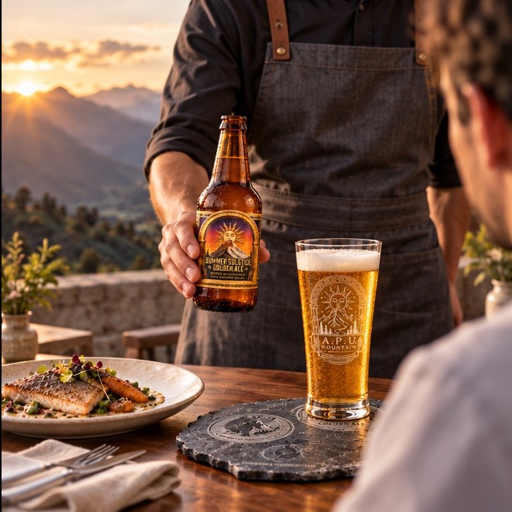El anfitrión presenta y sirve la cerveza frente al comensal.