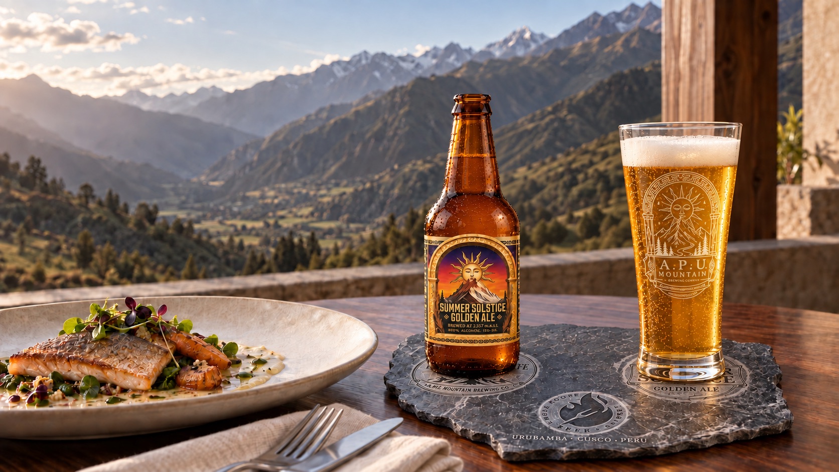 Botella y vaso Summer Solstice sobre bandeja de piedra, junto a un plato, con el Valle Sagrado al fondo.