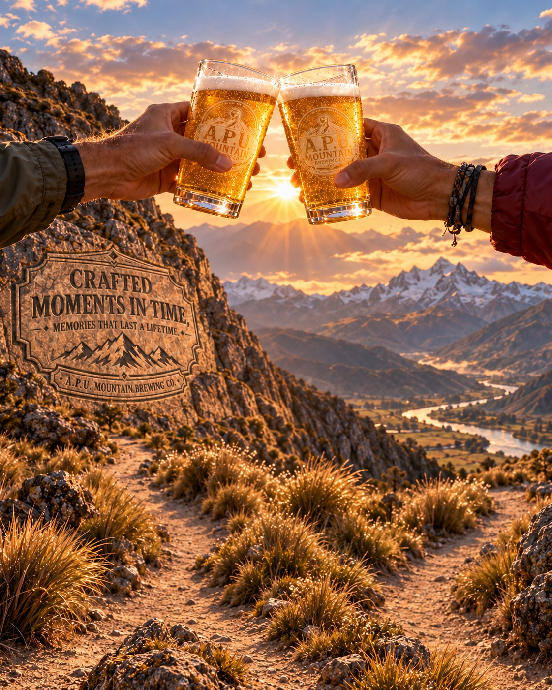 Brindis en los Andes al atardecer.