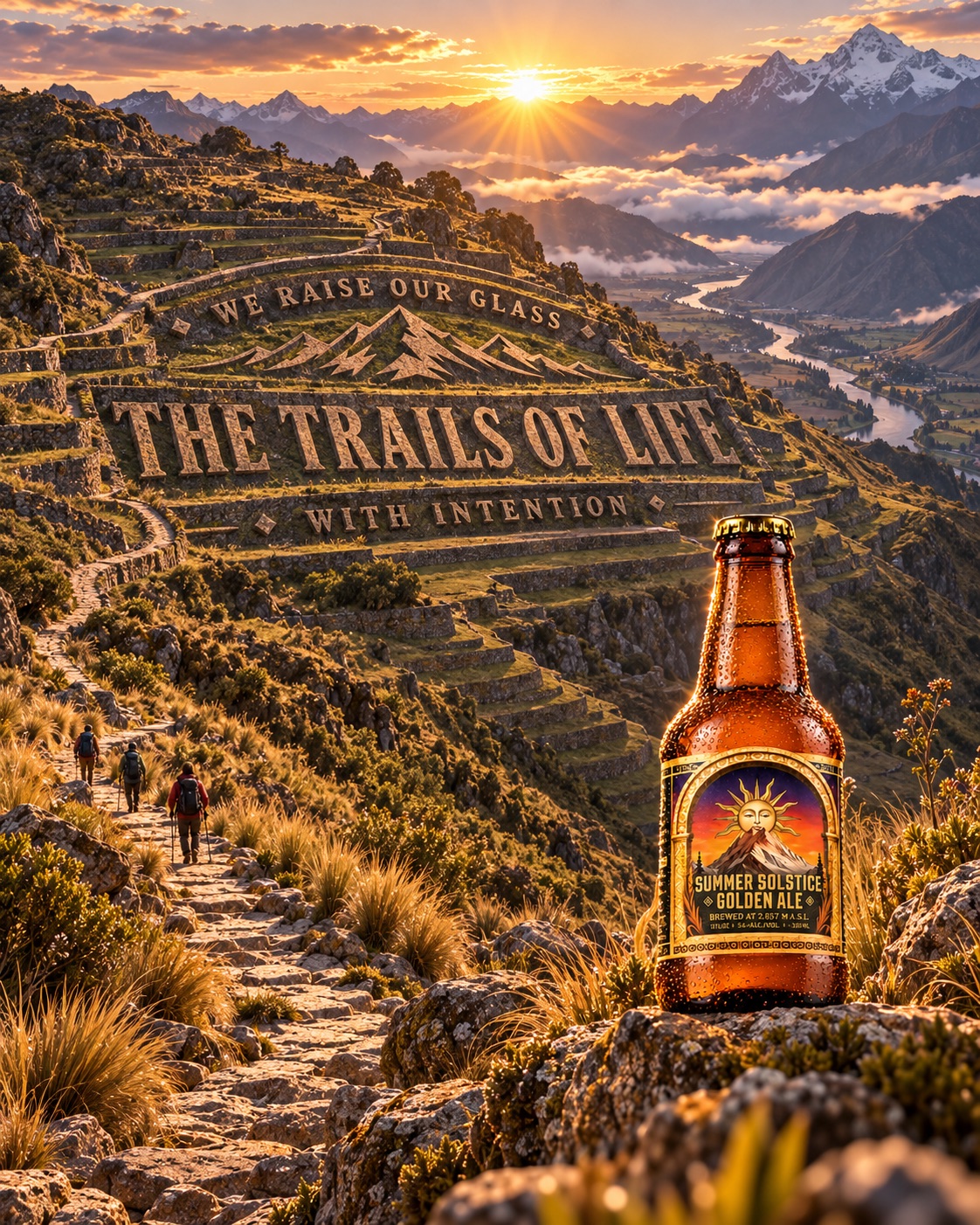 Camino de montaña con viajeros, paisaje andino y botella Summer Solstice.