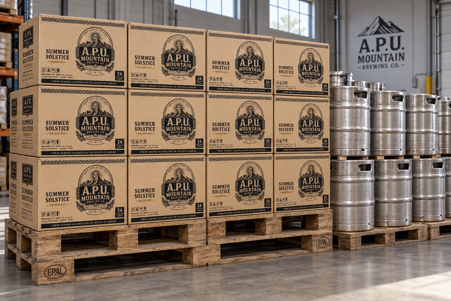 Cajas de Summer Solstice y barriles en almacén.